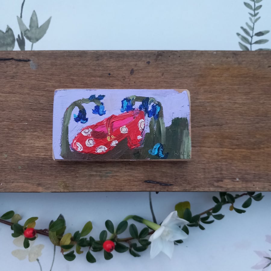 Miniature oil painting. Bluebells and lost red shoe