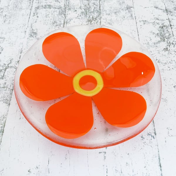 Fused Glass Retro Pimento Red Flower Dish - Handmade Fused Glass Dish