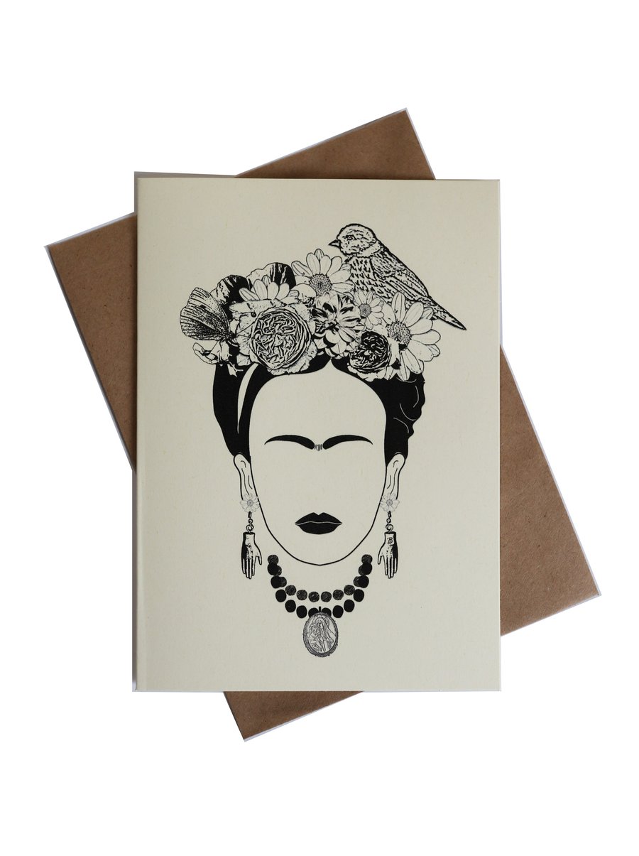 Greeting card - cream color card with black print - inspired by Frida kahlo