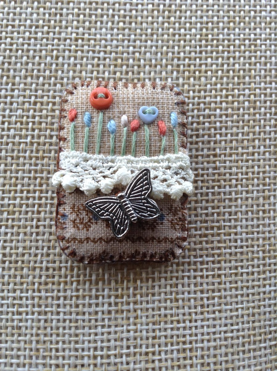 Hand sewn fabric felt and lace brooch