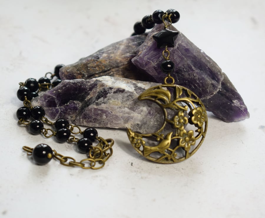 Bronze Crescent Moon Necklace with Black Star and Beaded Chain
