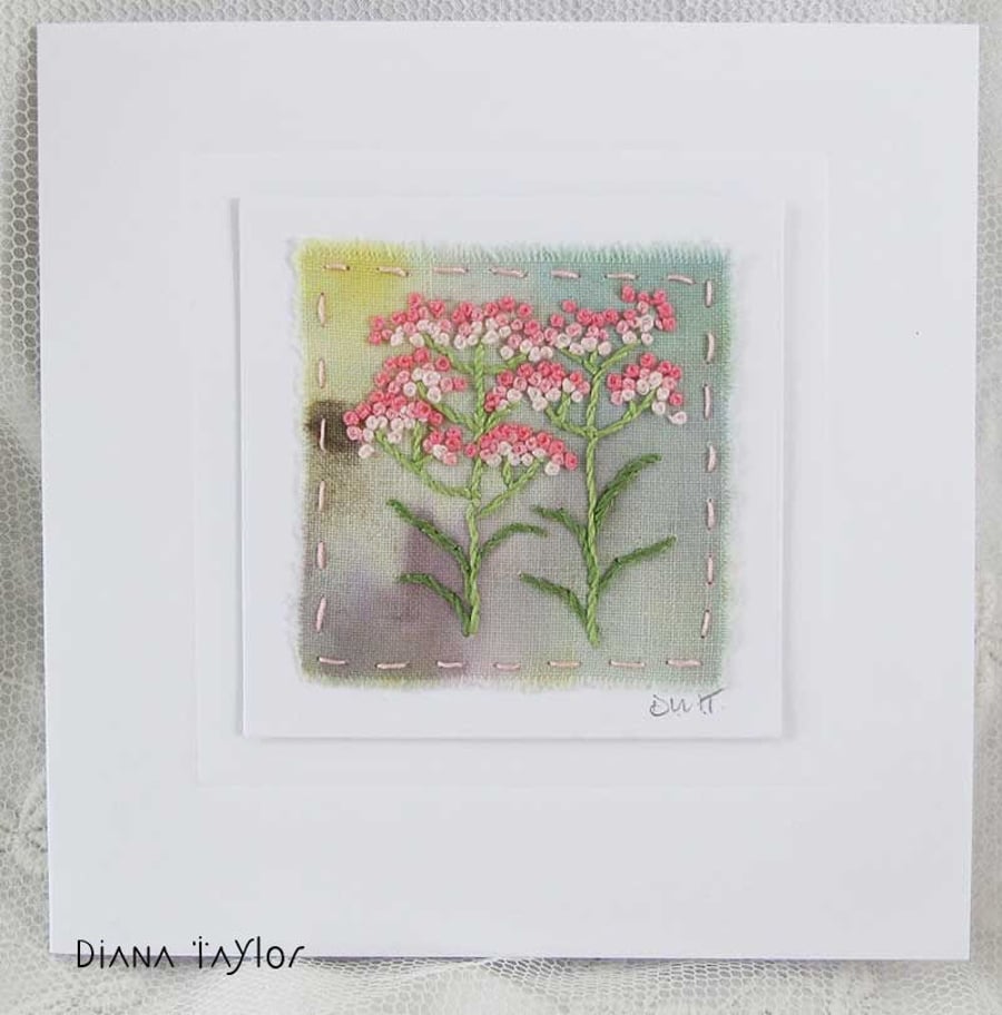 HAND EMBROIDERED HAND DYED GREETINGS CARD FLORAL ACHILLEA