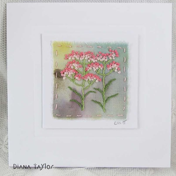 HAND EMBROIDERED HAND DYED GREETINGS CARD FLORAL ACHILLEA