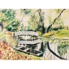 Colourful Watercolour Print: Idyllic River Scene of English Garden Landscape 