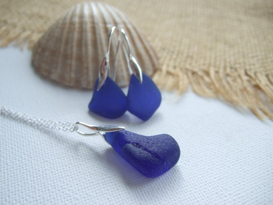 Scottish blue sea glass earring and necklace set, sterling silver jewellery set