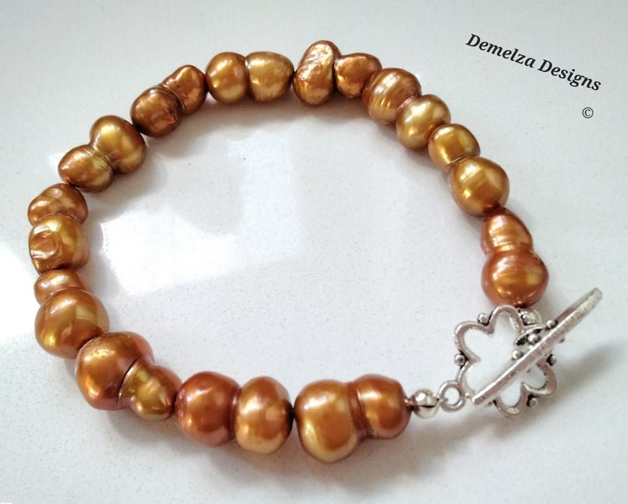 Golden Yellow Baroque Culture Pearl & Tibetan Silver 'ONE OFF' Bracelet LARGE