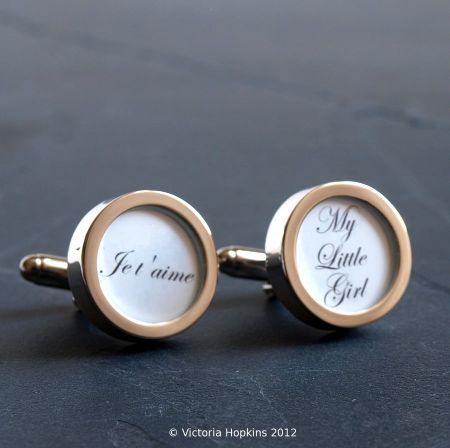 Custom Text Cufflinks, Say it in Your Own Words in Beautiful Script Lettering 