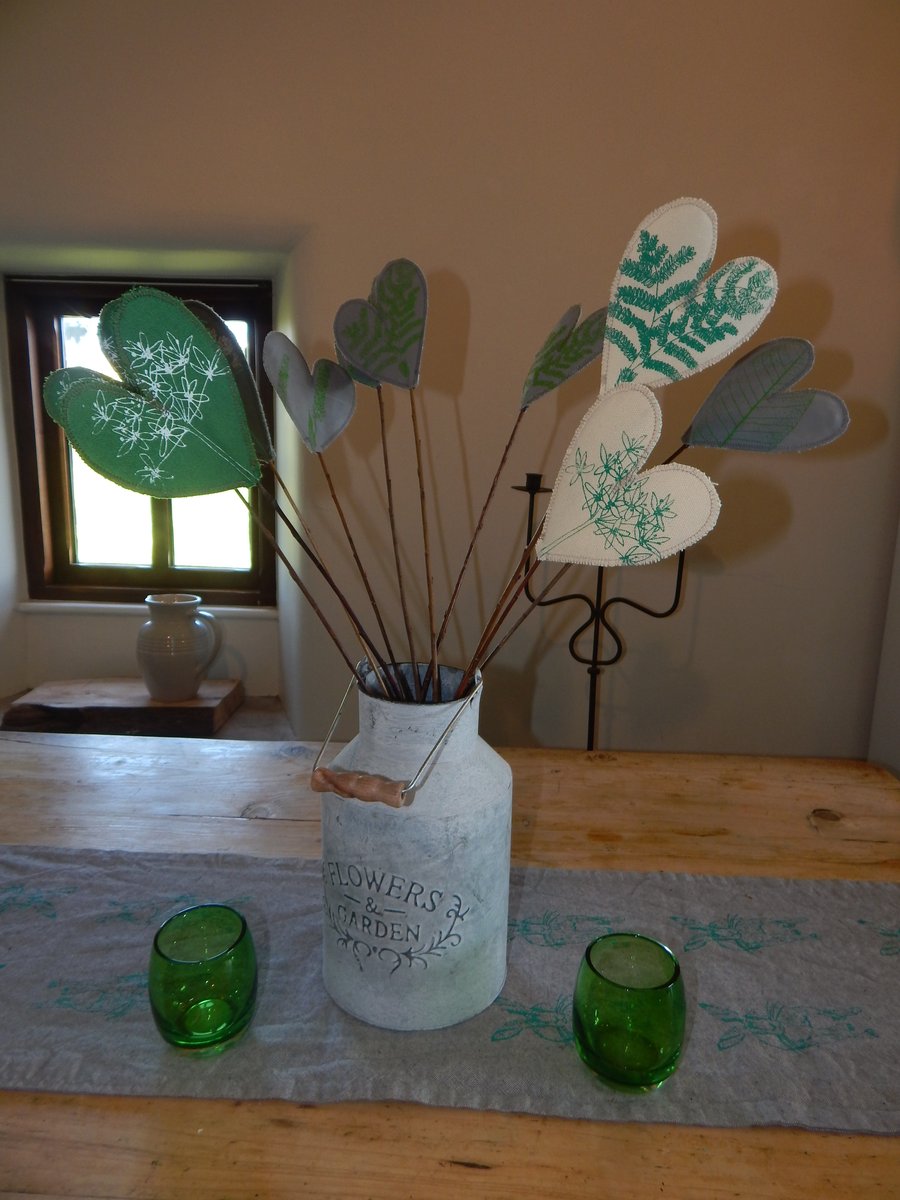 Screen printed Heart Fabric flowers on Willow