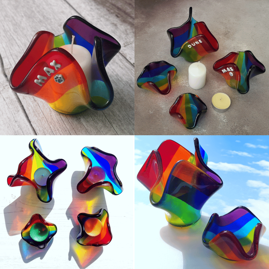 Handmade Fused Glass Rainbow Tealight Candle Holder - Personalised - Gift Card 