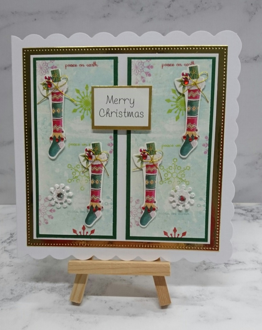 Christmas Card Merry Christmas Stockings and Snowflakes 3D Luxury Handmade Card