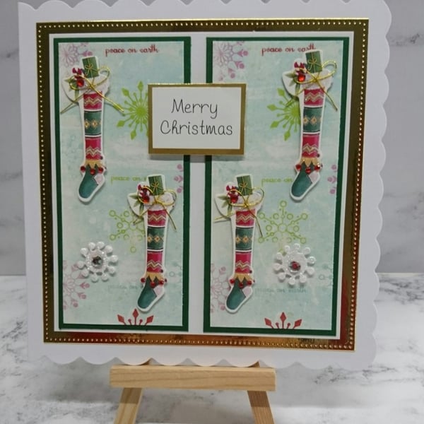 Christmas Card Merry Christmas Stockings and Snowflakes 3D Luxury Handmade Card