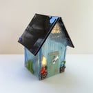 Garden shed tea light cover, fused glass candle cover, anniversary gift. 
