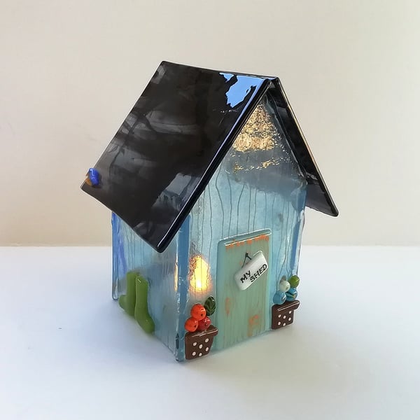 Garden shed tea light cover, fused glass candle cover, anniversary gift. 
