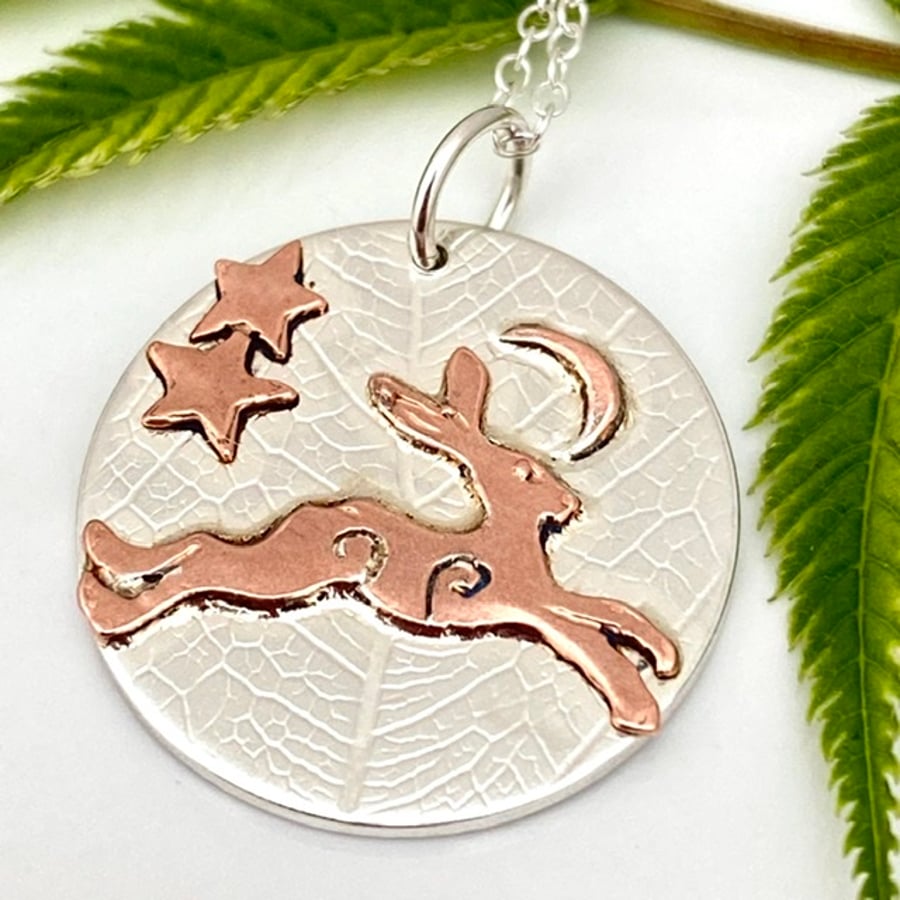 A'Magical' Running Copper Hare, Moon and stars, Silver Pendant, Hare jewellery
