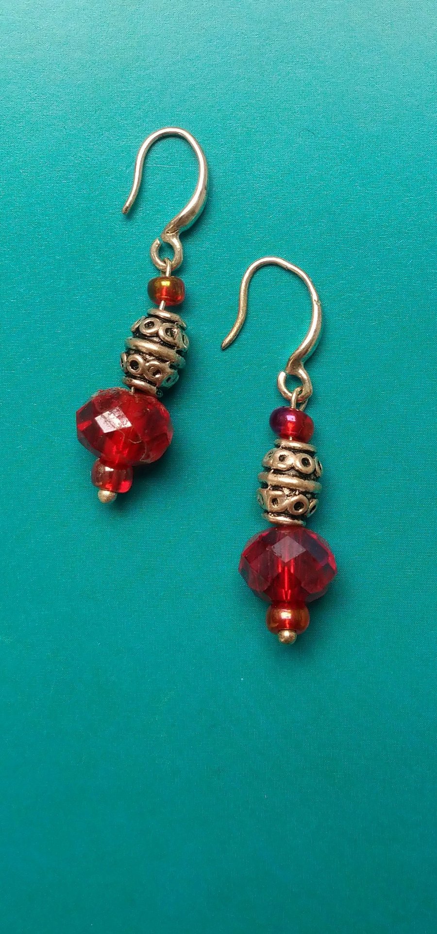 Red Crystal and Tibetan Silver Drop Earrings