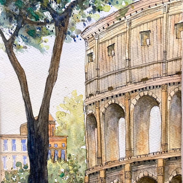 Original watercolour painting artist signed of the Colosseum Rome Italy 