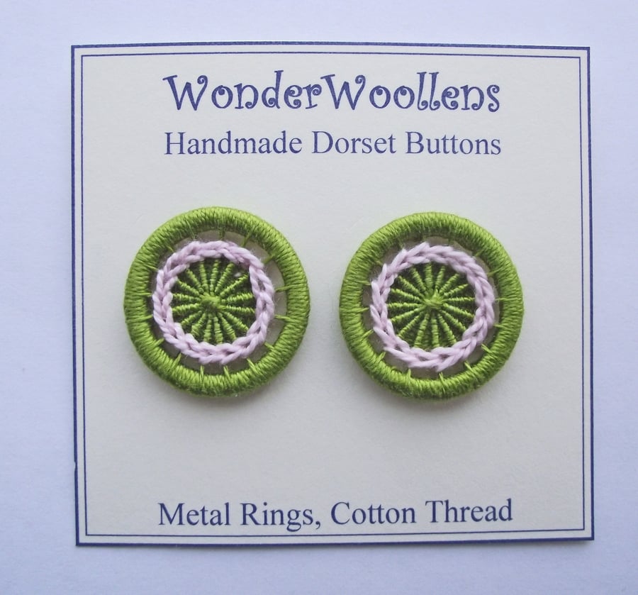 Dorset Buttons or Embellishments, Two x 2.6cm, Handmade Green and Pink Cotton