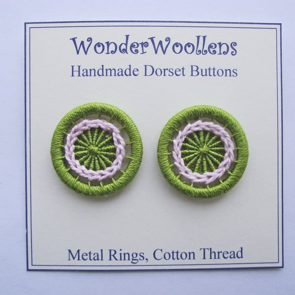 Dorset Buttons or Embellishments, Two x 2.6cm, Handmade Green and Pink Cotton