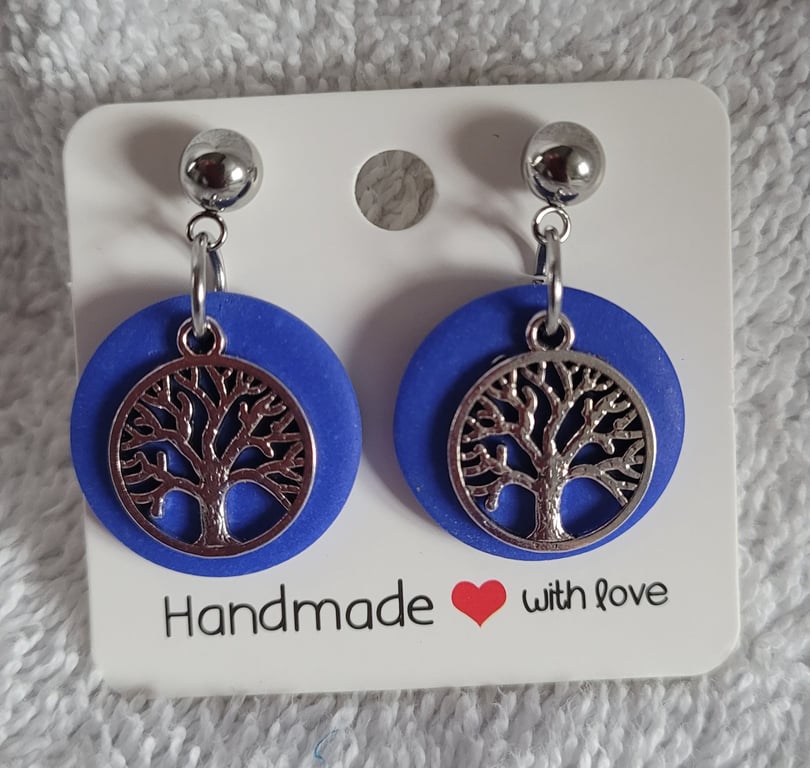 Handmade Polymer Clay Blue Tree of Life Earrings, 316 Surgical Stainless Posts
