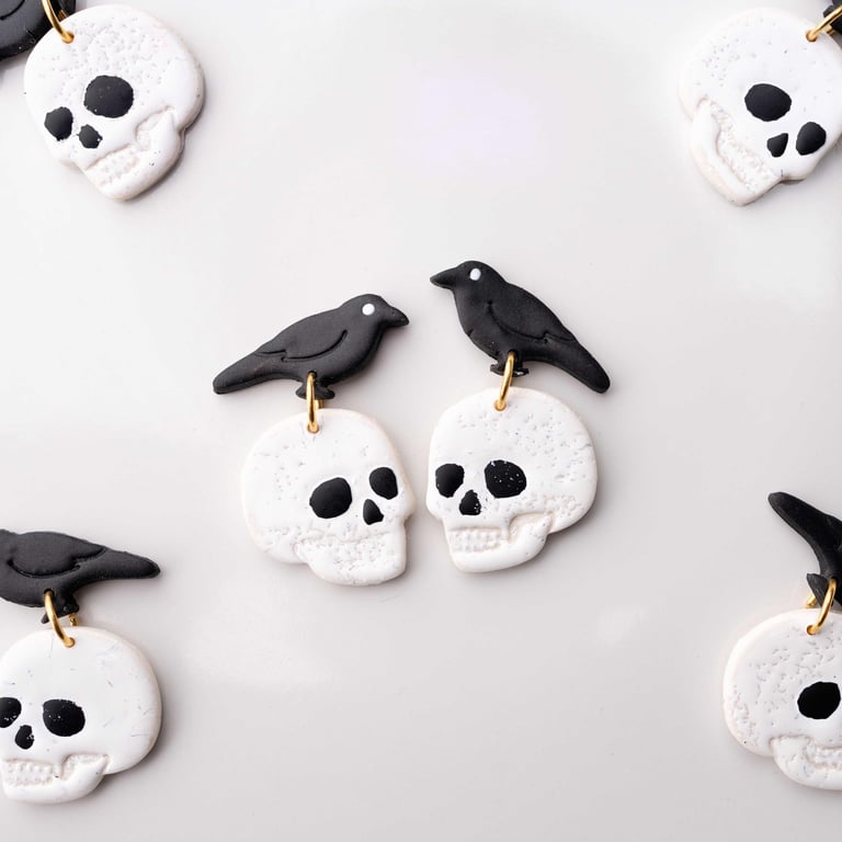 Skull & raven Stud Earrings: Handmade Polymer Clay Halloween Jewelry