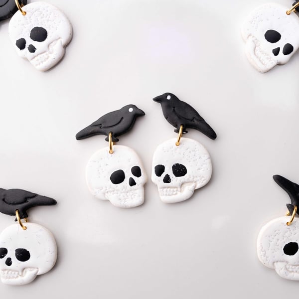 Skull & raven Stud Earrings: Handmade Polymer Clay Halloween Jewelry