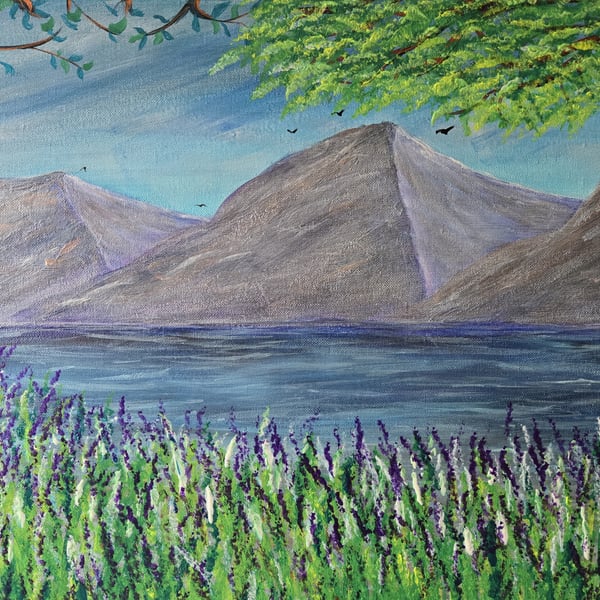 SHIMMERY MOUNTAIN & LAKES SCENE - CANVAS - 20" x 16" approx