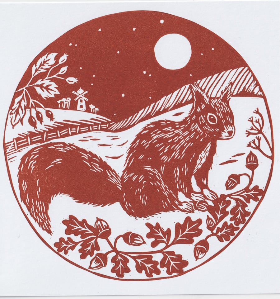 Red Squirrel Christmas Card- Handprinted