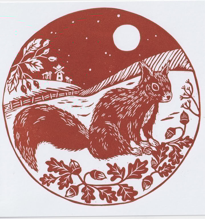 Red Squirrel Christmas Card- Handprinted