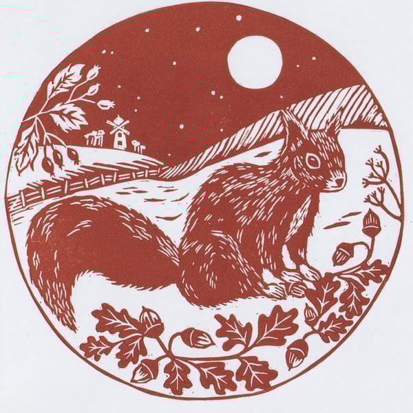 Red Squirrel Christmas Card- Handprinted