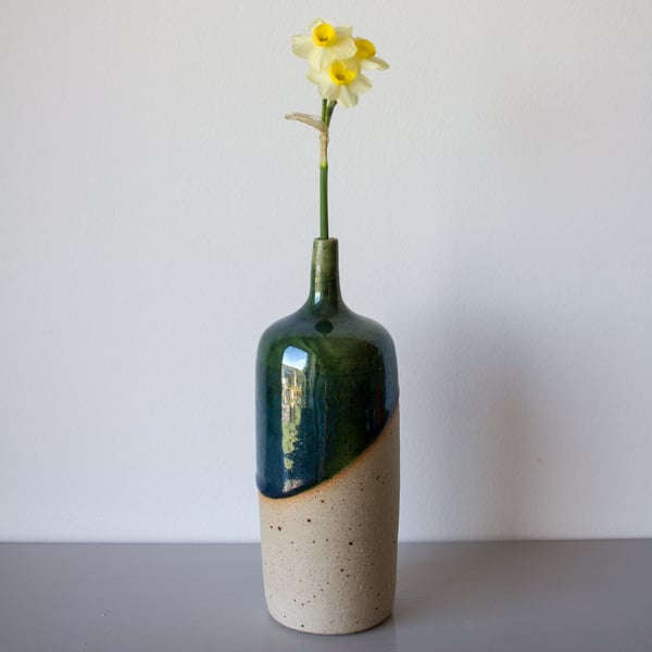 Green Blue Oribe Bud Specimen Vase - Diagonal Glaze