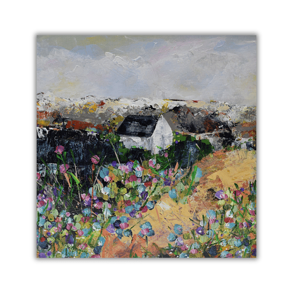 Scottish landscape - mounted painting - cottage - acrylic painting - flowers