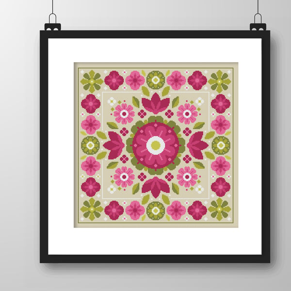 044B - Cross stitch pattern, Neon pink geometric linear flower bouquet Mandalla