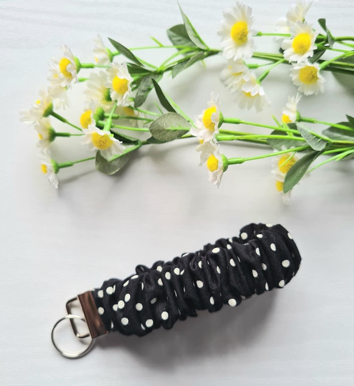 Wristlet Keychain, Black & White Polka Dot Scrunchie Style Soft Cotton Fabric 