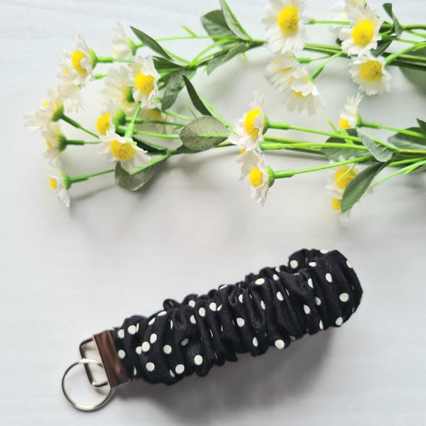Wristlet Keychain, Black & White Polka Dot Scrunchie Style Soft Cotton Fabric 