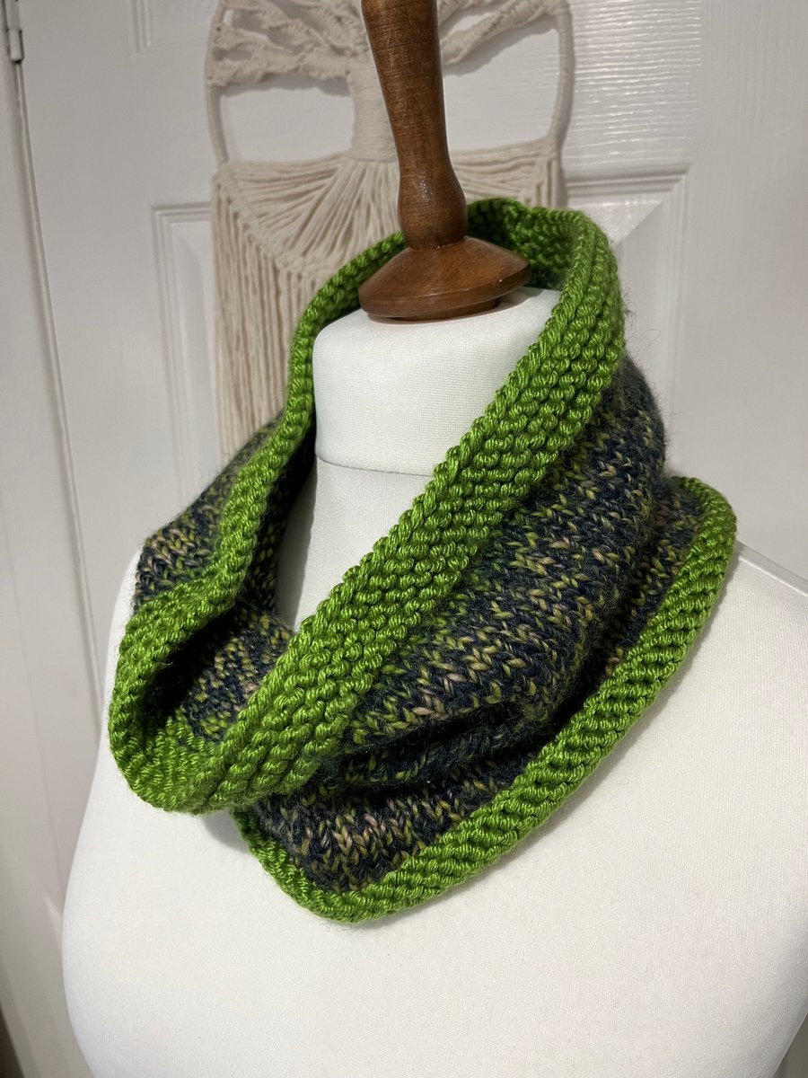 Thick chunky Blue and Lime Green tweed neck warmer cowl 60cms x 20cms 