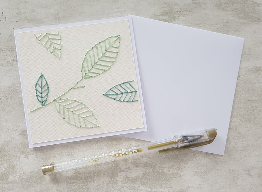 Green Stitched Leaves Card, Hand Embroidered Leaves Card