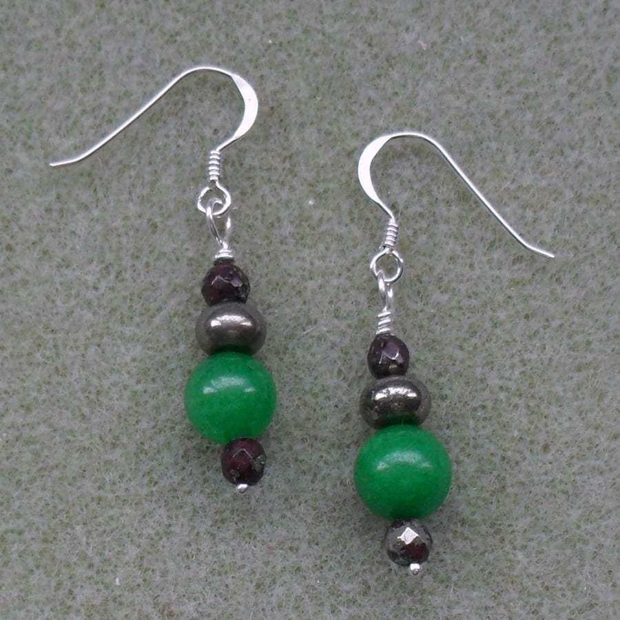 Green Quartzite Pyrite and marcasite Sterling Silver Earrings