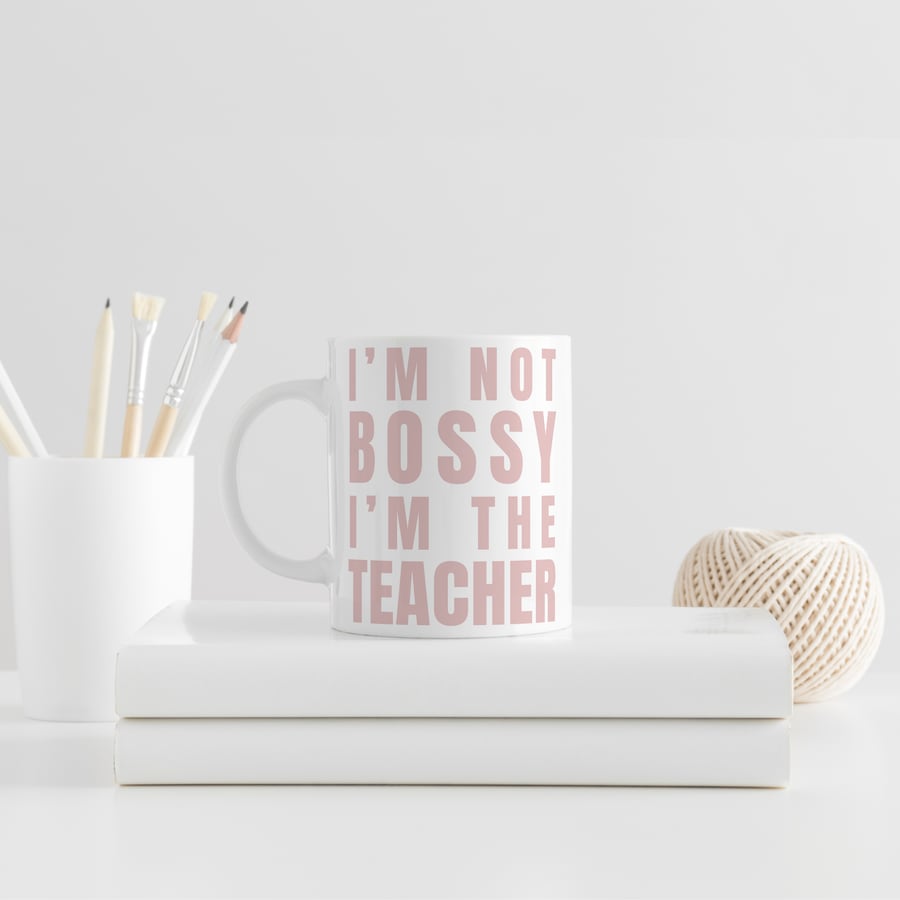 Bossy Teacher - Bold Block Pink Mug: Funny Teacher Mug, Small Thank You Gift