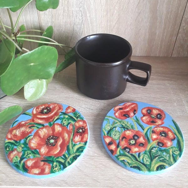 Wooden coaster set of two, handpainted with red poppies.  