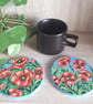Wooden coaster set of two, handpainted with red poppies.  