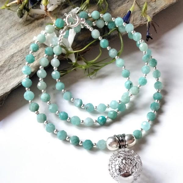 34.10ct AA Grade Amazonite & Sterling Silver Ball Necklace 