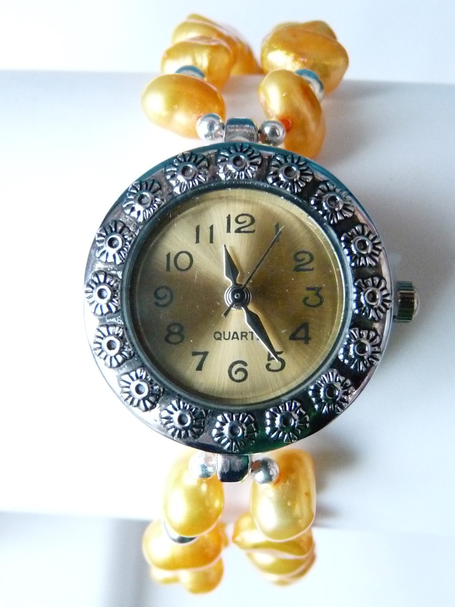 Golden Yellow Baroque Freshwater Pearl Bracelet Style Watch - Handmade - Genuine