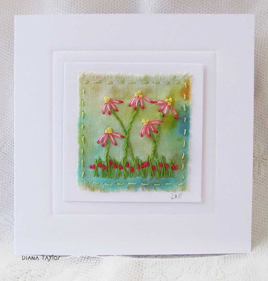 HAND EMBROIDERED FLORAL GREETINGS CARD 