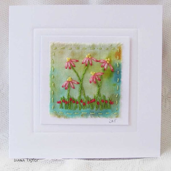 HAND EMBROIDERED FLORAL GREETINGS CARD 
