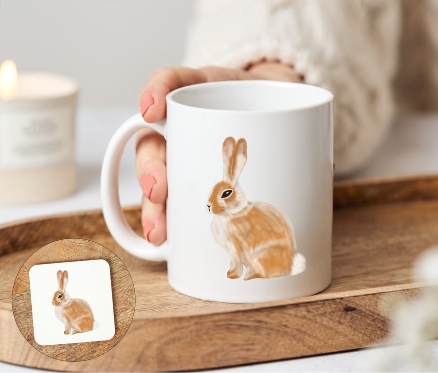 Rabbit Mug and optional matching coaster, Rowan the Rabbit