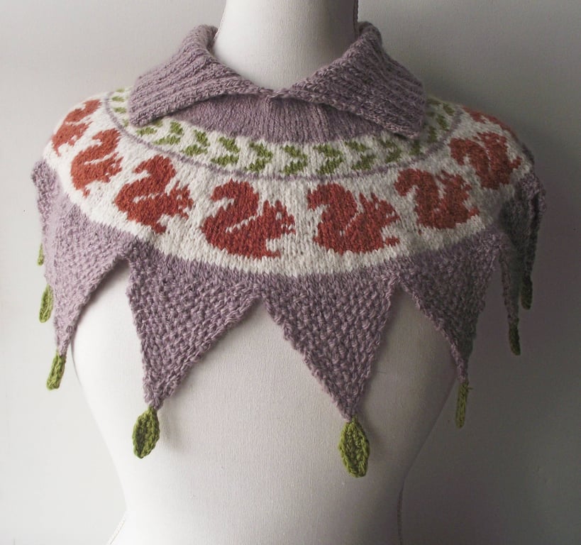 Handspun Knitted Squirrel Cowl or Yoke, Merino Wool, White, Fawn, Rust, Green