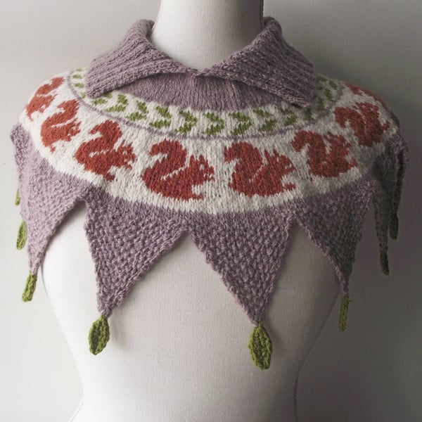 Handspun Knitted Squirrel Cowl or Yoke, Merino Wool, White, Fawn, Rust, Green