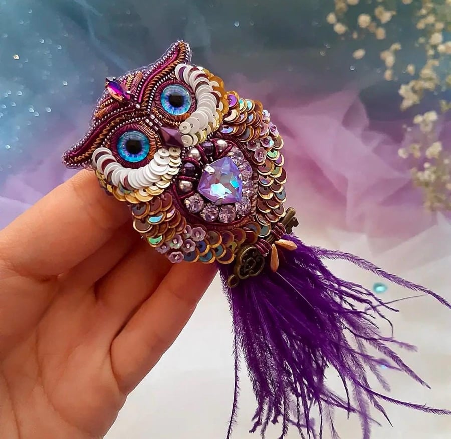 Handmade Purple Owl Brooch with Detachable Feathers - Beaded Key Design Jeweller