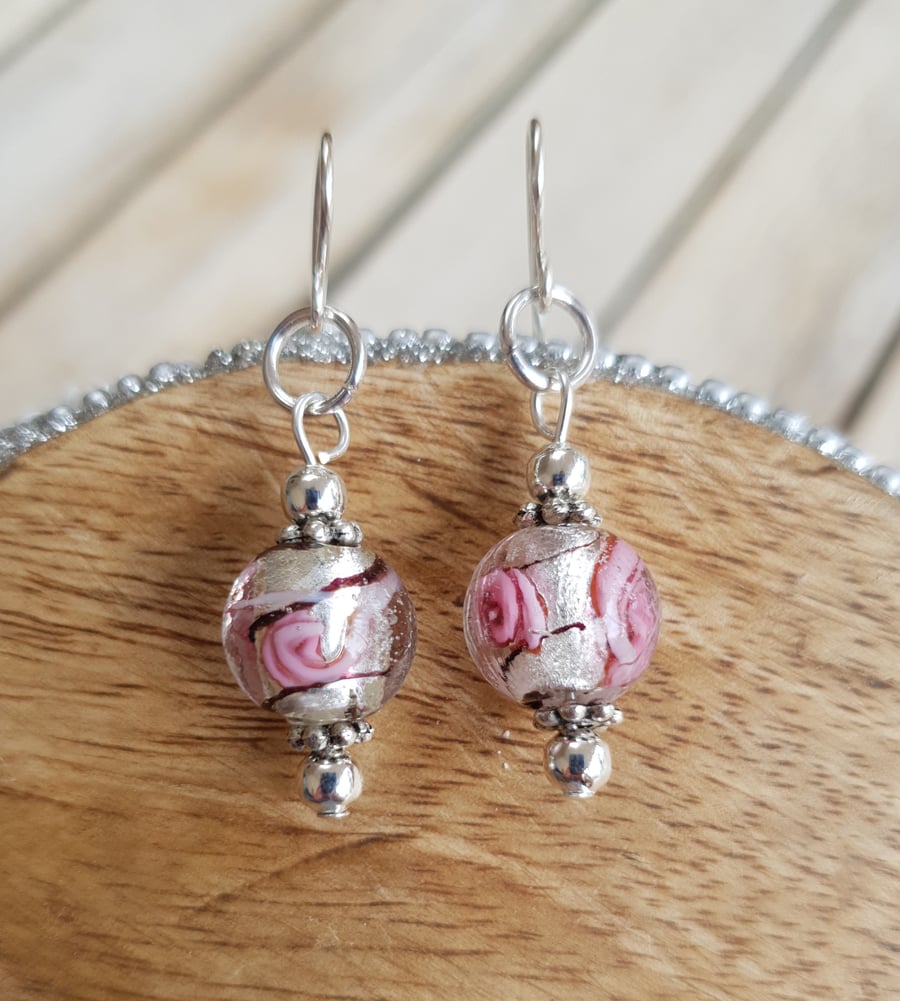 Lampwork Glass Bead Dangle Earrings - Silver & Pink Swirl