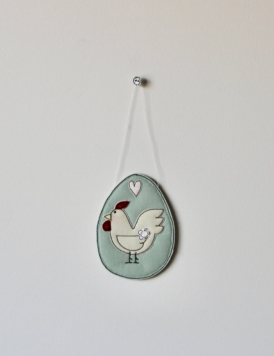 'Chicken on a Pale Green Egg with a White Glitter Heart 8' - Hanging Decoration